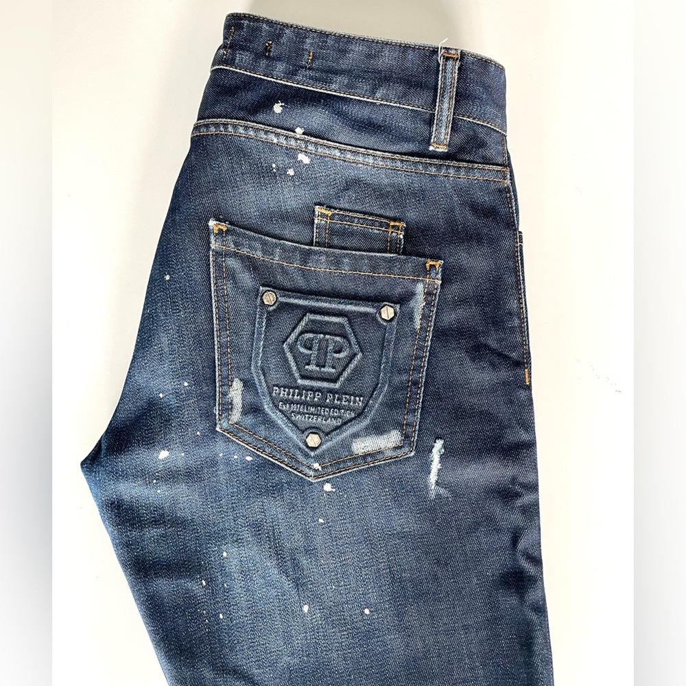 PHILIPP PLEIN- Straight Cut Jeans, Dark Blue, Distressed